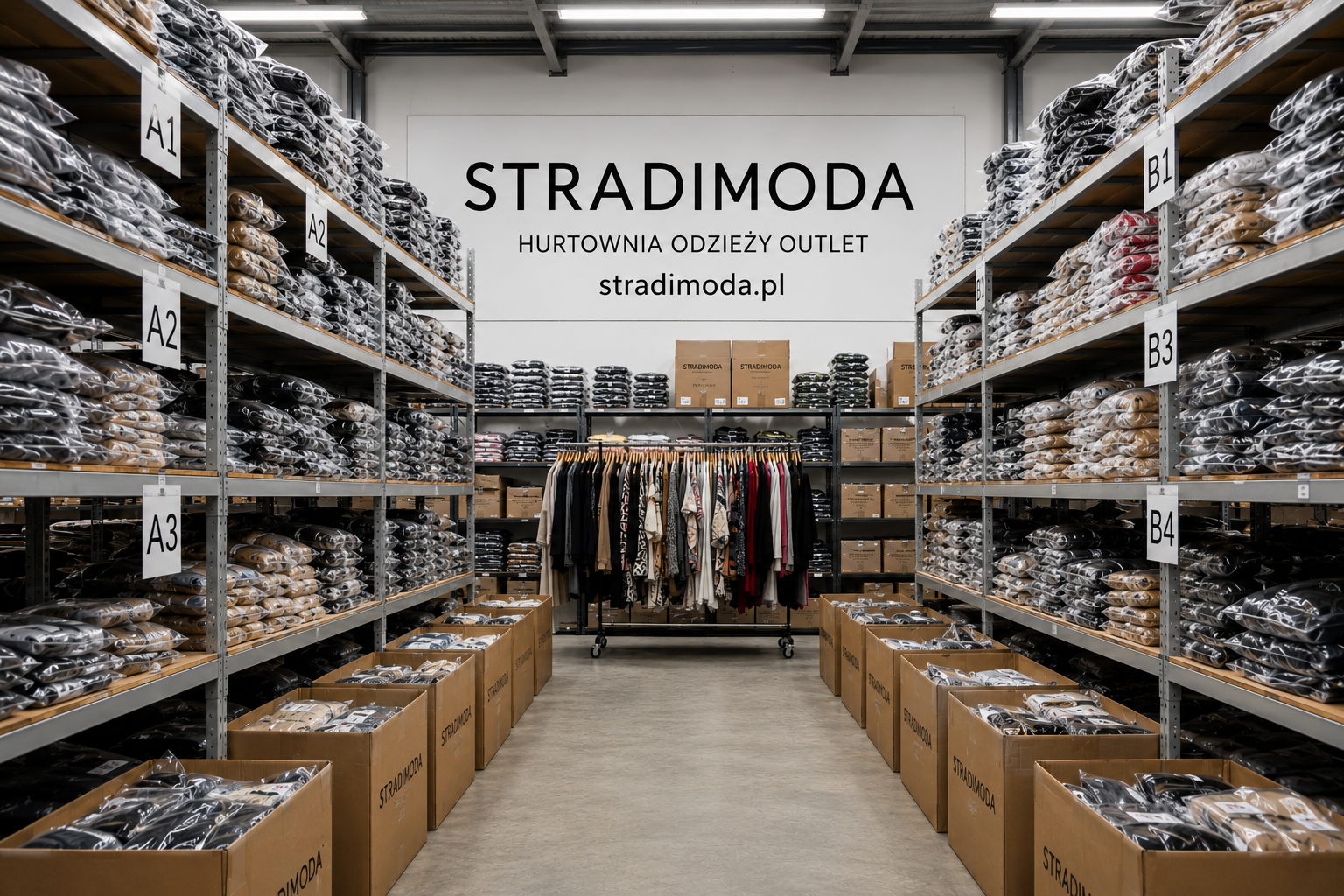 Regały magazynowe StradiModa z posegregowaną odzieżą outlet oraz stojak z wybranymi modelami